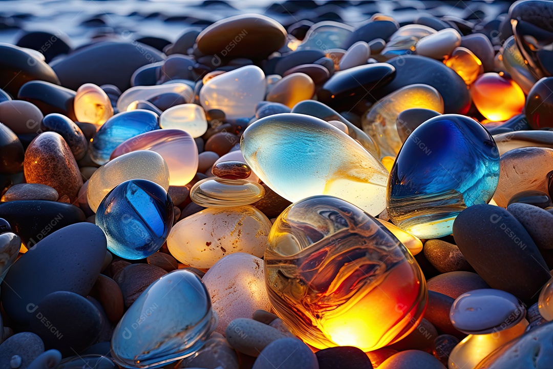 A praia é feita de pedras e seixos coloridos cenários luminosos e oníricos