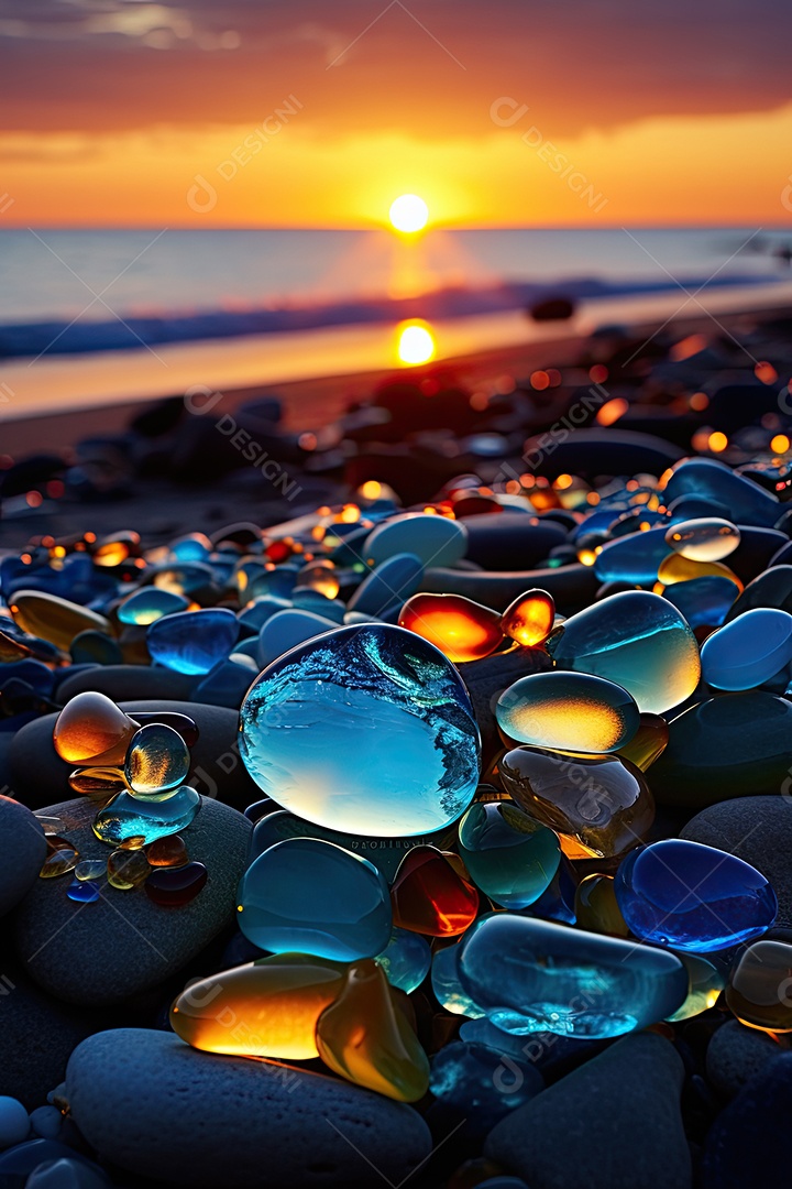 A praia é feita de pedras e seixos coloridos cenários luminosos e oníricos