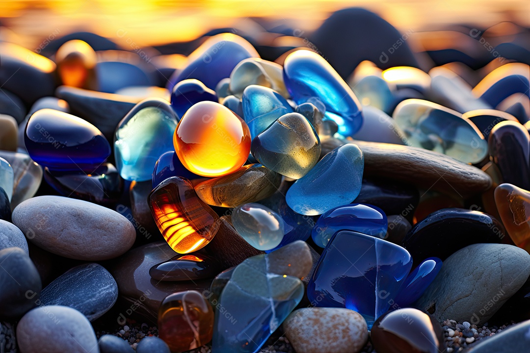 A praia é feita de pedras e seixos coloridos cenários luminosos e oníricos