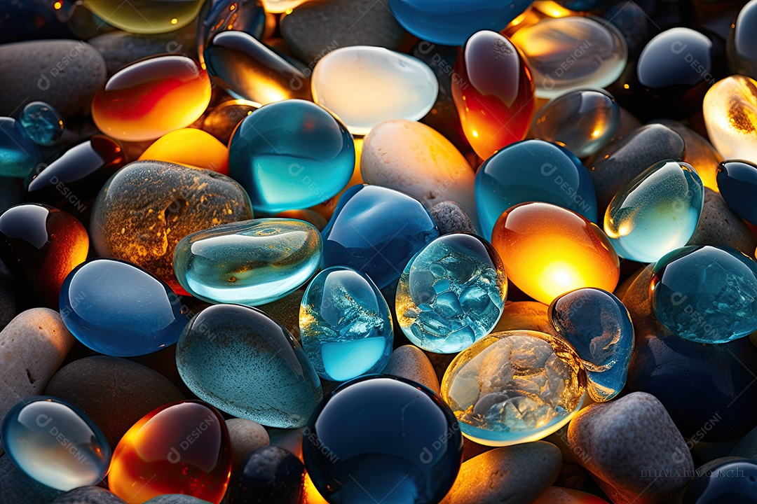 A praia é feita de pedras e seixos coloridos cenários luminosos e oníricos