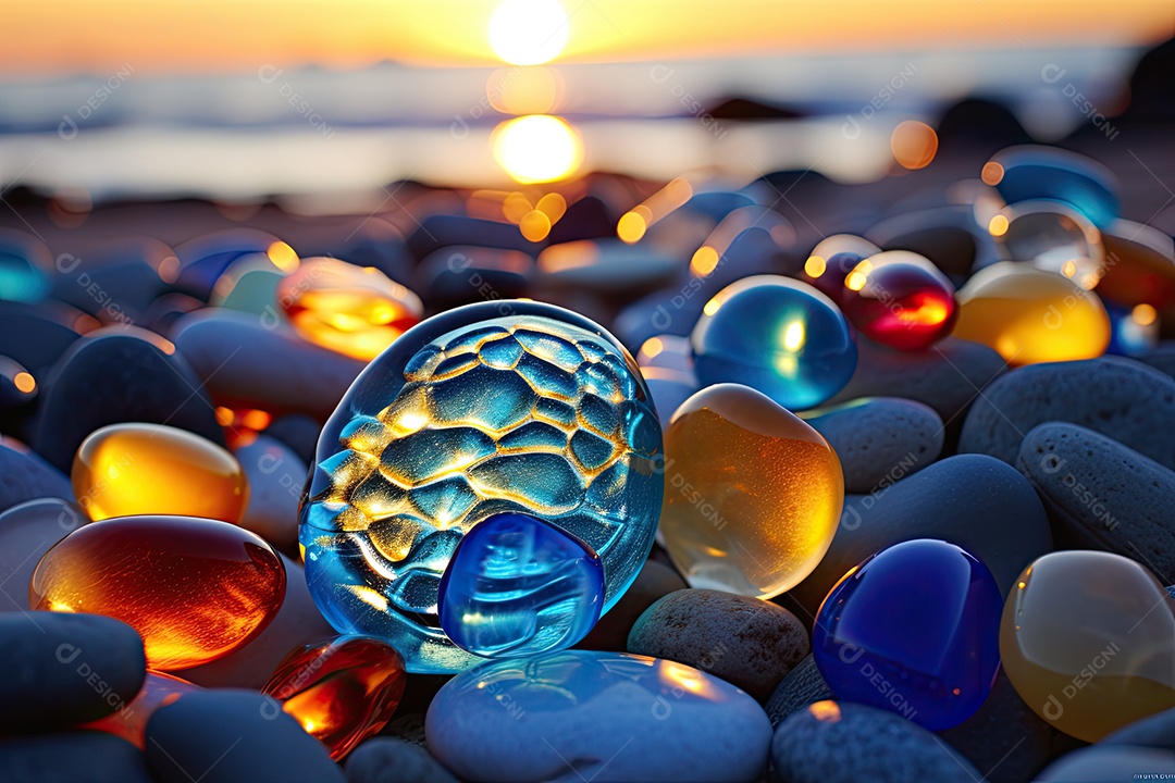 A praia é feita de pedras e seixos coloridos cenários luminosos e oníricos