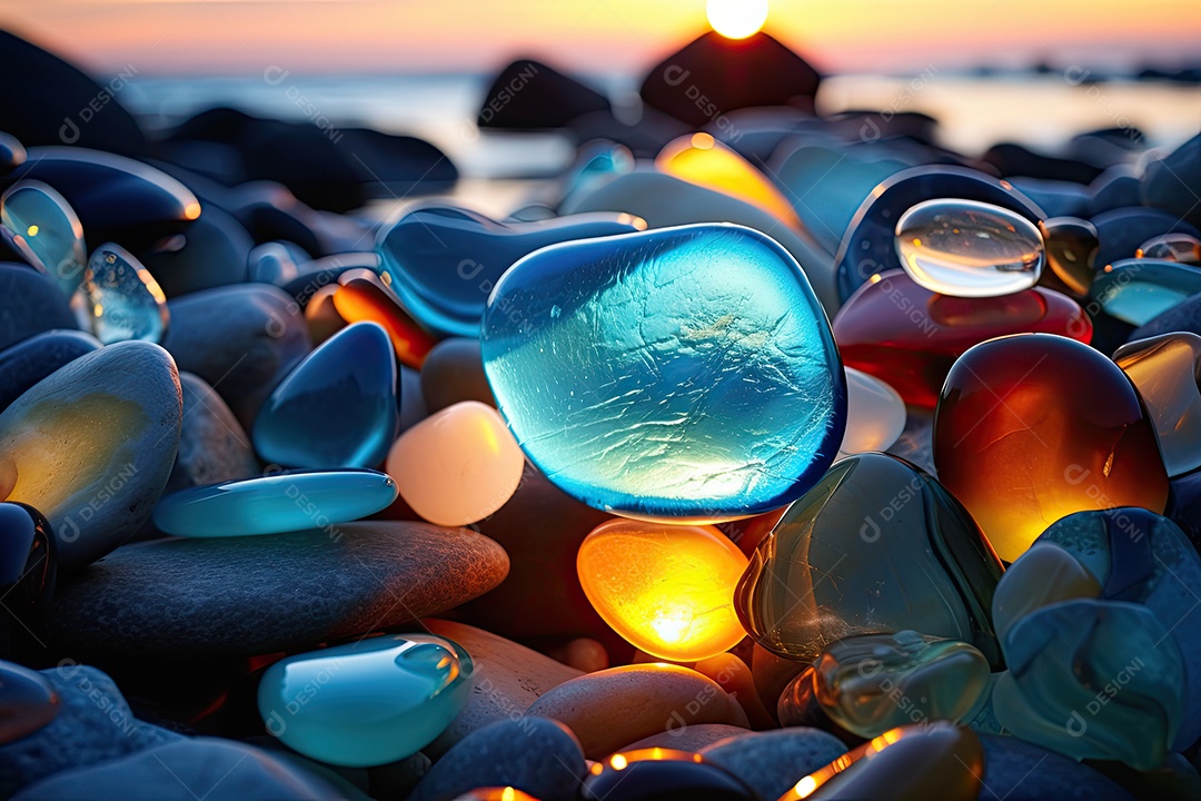 A praia é feita de pedras e seixos coloridos cenários luminosos e oníricos