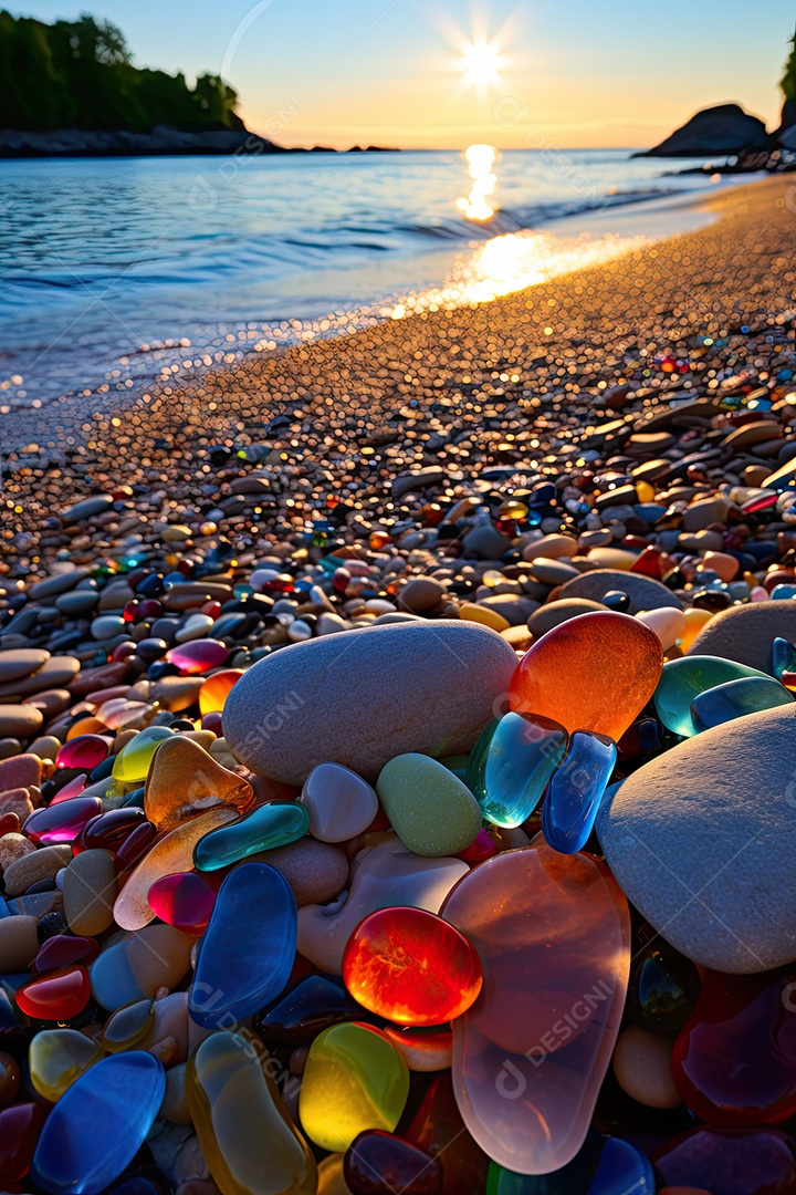 A praia é feita de pedras e seixos coloridos cenários luminosos e oníricos