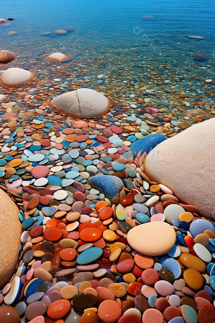 A praia é feita de pedras e seixos coloridos cenários luminosos e oníricos