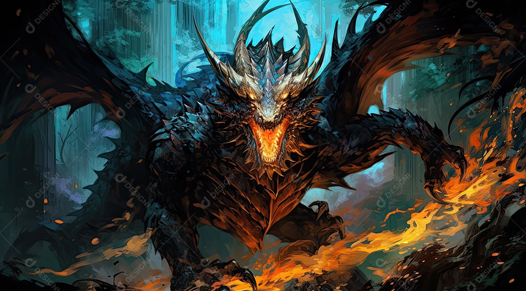 Um dragão incrível caminhando pela floresta com chamas brilhantes