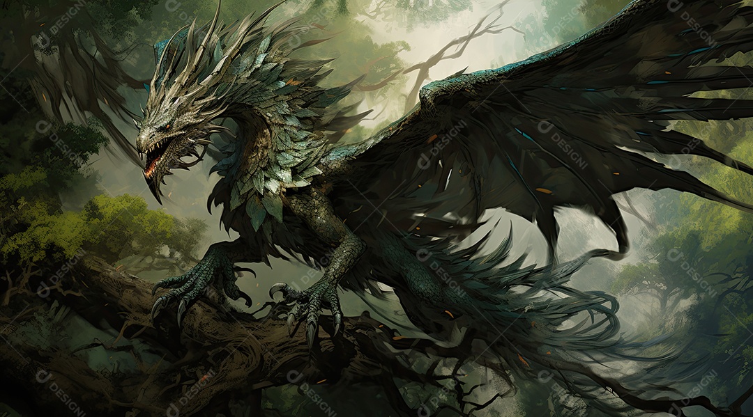 Um dragão incrível caminhando pela floresta com chamas brilhantes