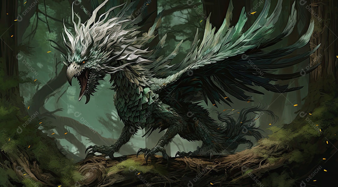 Um dragão incrível caminhando pela floresta com chamas brilhantes