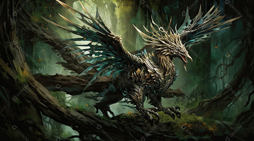 Um dragão incrível caminhando pela floresta com chamas brilhantes