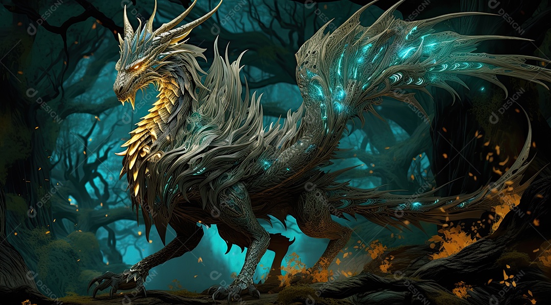 Um dragão incrível caminhando pela floresta com chamas brilhantes