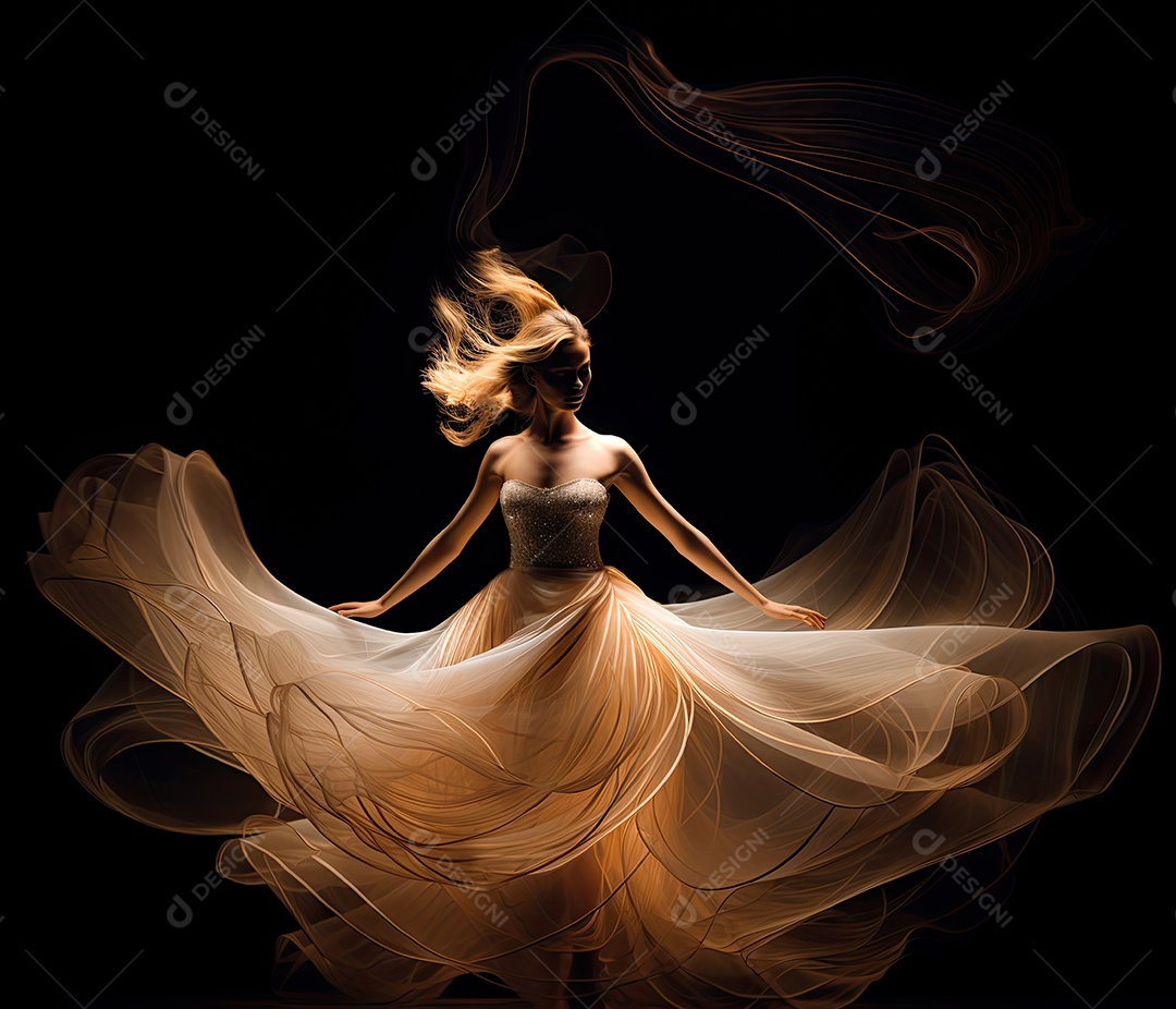Bailarina em um vestido longo dança sobre um fundo cinza escuro e âmbar efeitos de cintilação