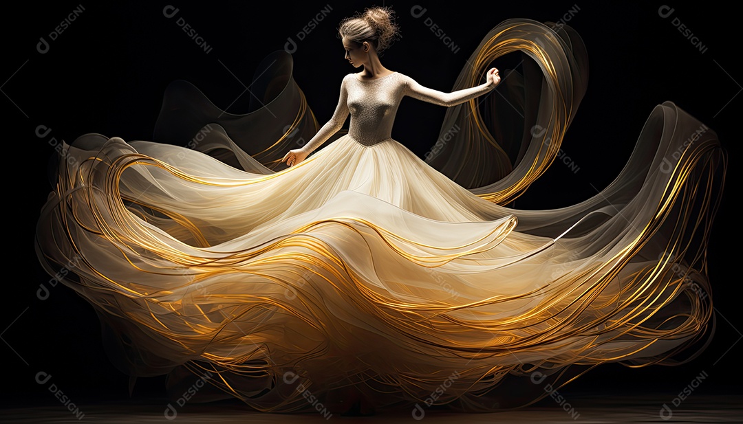 Bailarina em um vestido longo dança sobre um fundo cinza escuro e âmbar efeitos de cintilação