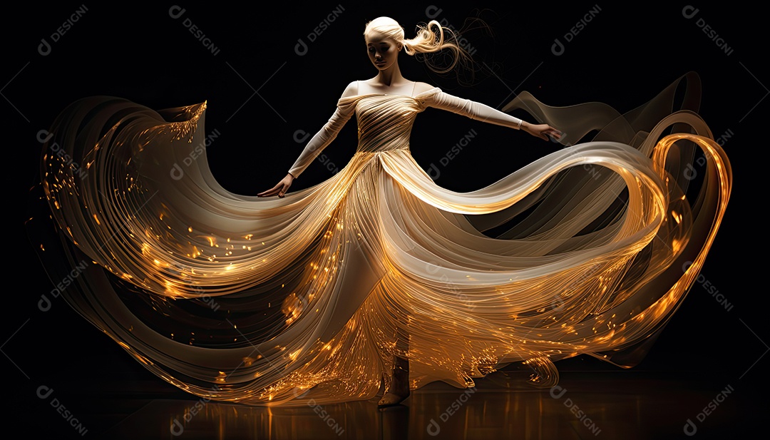 Bailarina em um vestido longo dança sobre um fundo cinza escuro e âmbar efeitos de cintilação