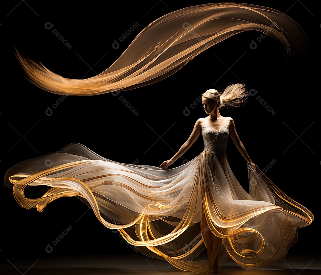 Bailarina em um vestido longo dança sobre um fundo cinza escuro e âmbar efeitos de cintilação
