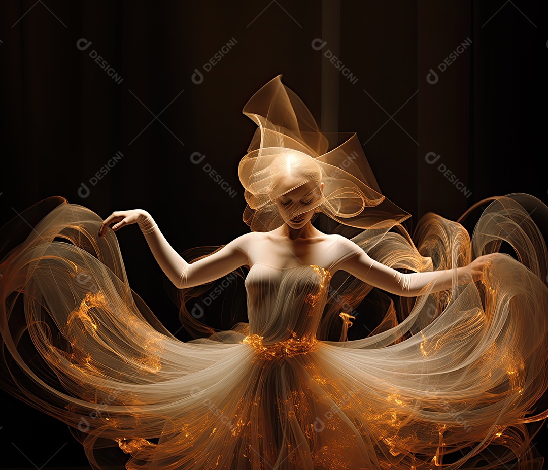 Bailarina em um vestido longo dança sobre um fundo cinza escuro e âmbar efeitos de cintilação