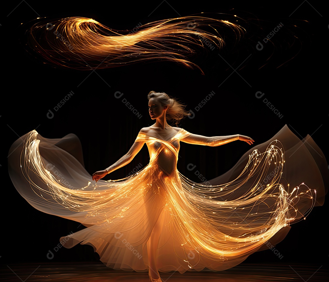 Bailarina em um vestido longo dança sobre um fundo cinza escuro e âmbar efeitos de cintilação