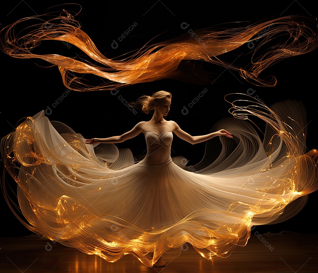 Bailarina em um vestido longo dança sobre um fundo cinza escuro e âmbar efeitos de cintilação