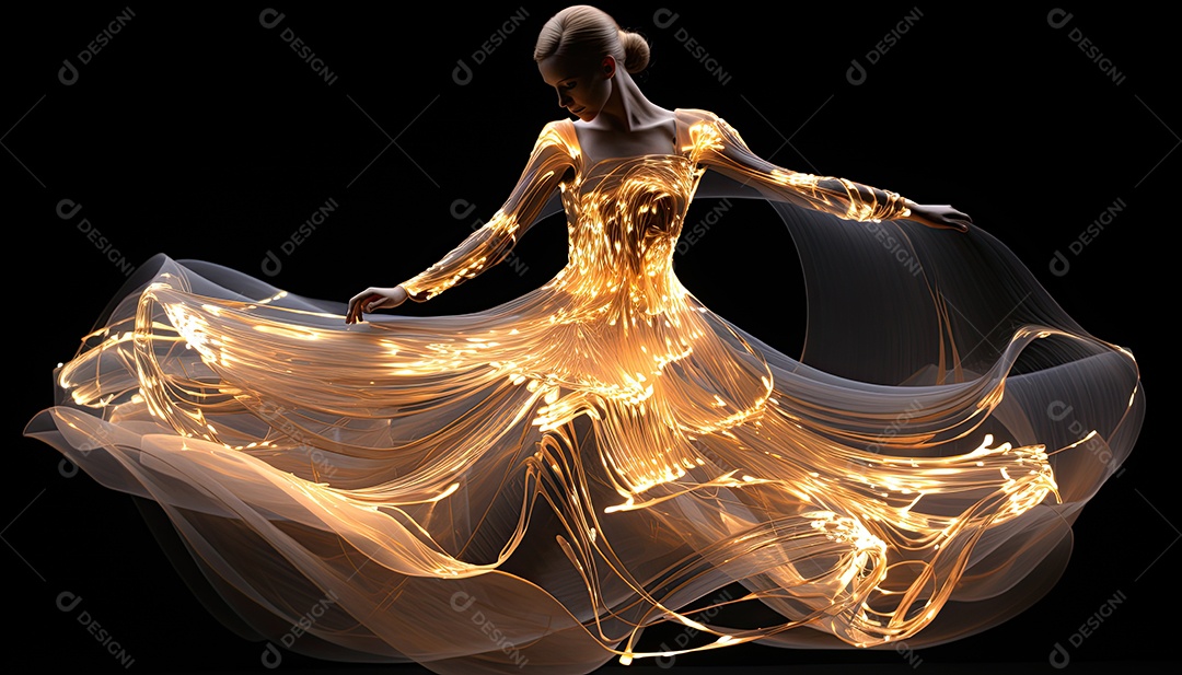 Bailarina em um vestido longo dança sobre um fundo cinza escuro e âmbar efeitos de cintilação