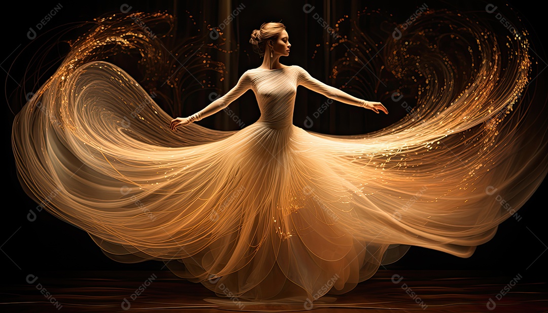 Bailarina em um vestido longo dança sobre um fundo cinza escuro e âmbar efeitos de cintilação