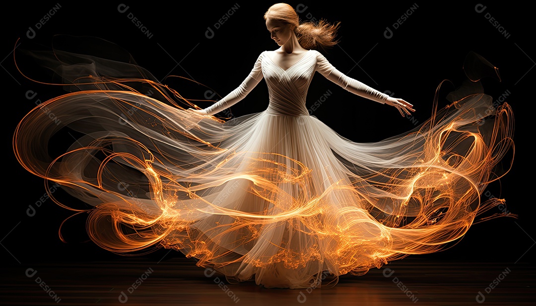 Bailarina em um vestido longo dança sobre um fundo cinza escuro e âmbar efeitos de cintilação