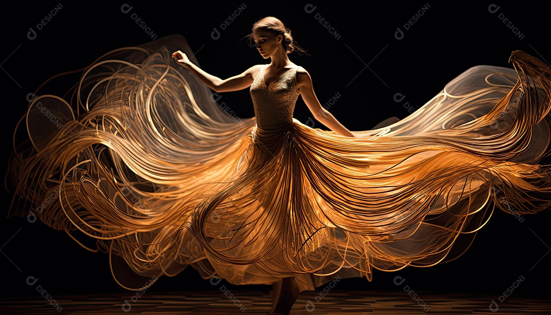 Bailarina em um vestido longo dança sobre um fundo cinza escuro e âmbar efeitos de cintilação