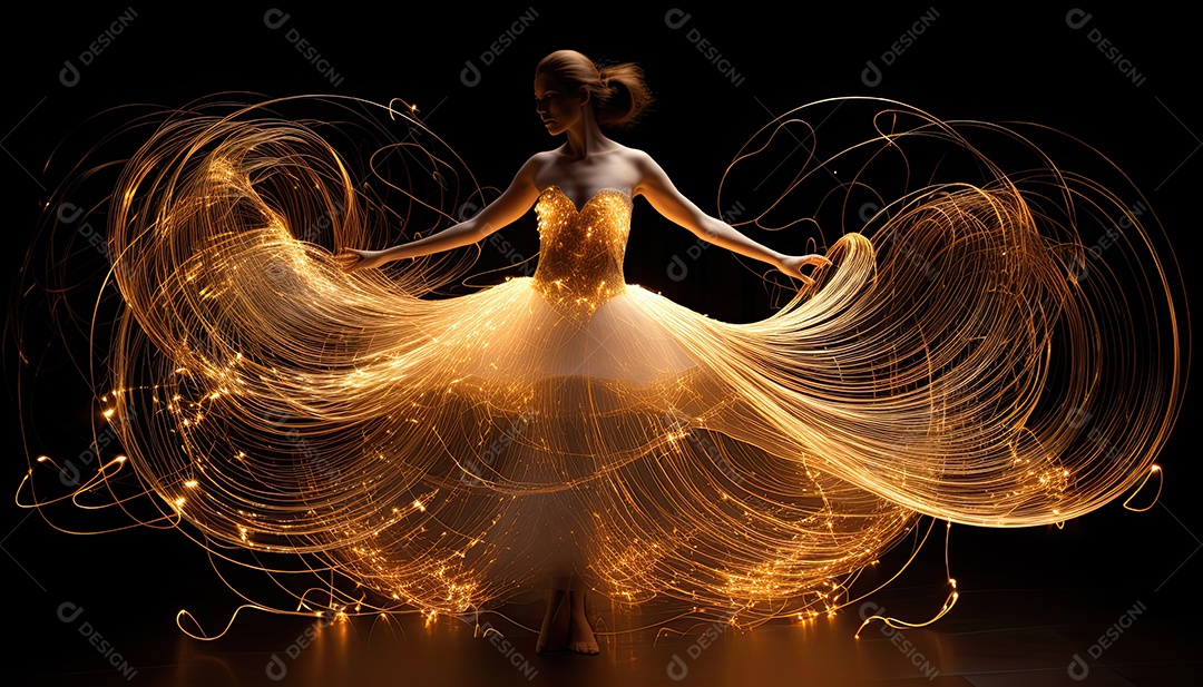 Bailarina em um vestido longo dança sobre um fundo cinza escuro e âmbar efeitos de cintilação