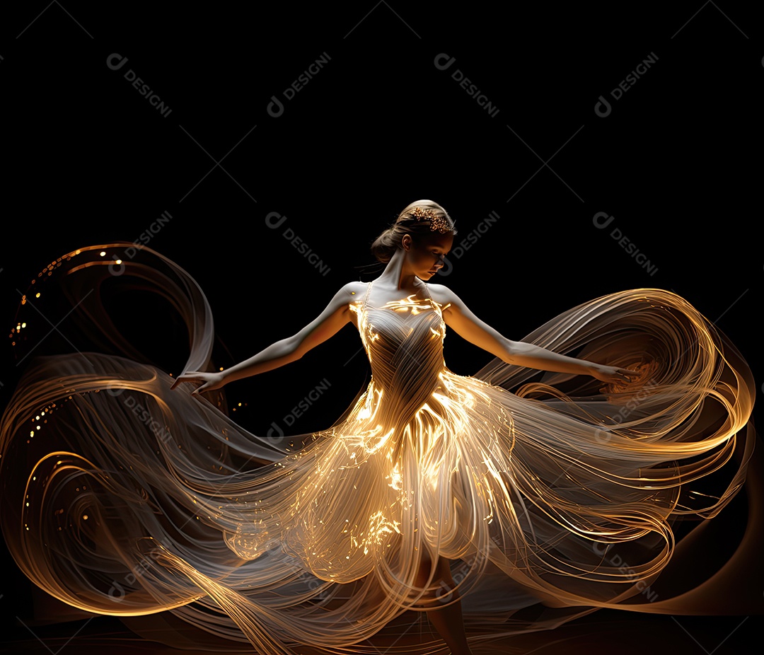 Bailarina em um vestido longo dança sobre um fundo cinza escuro e âmbar efeitos de cintilação