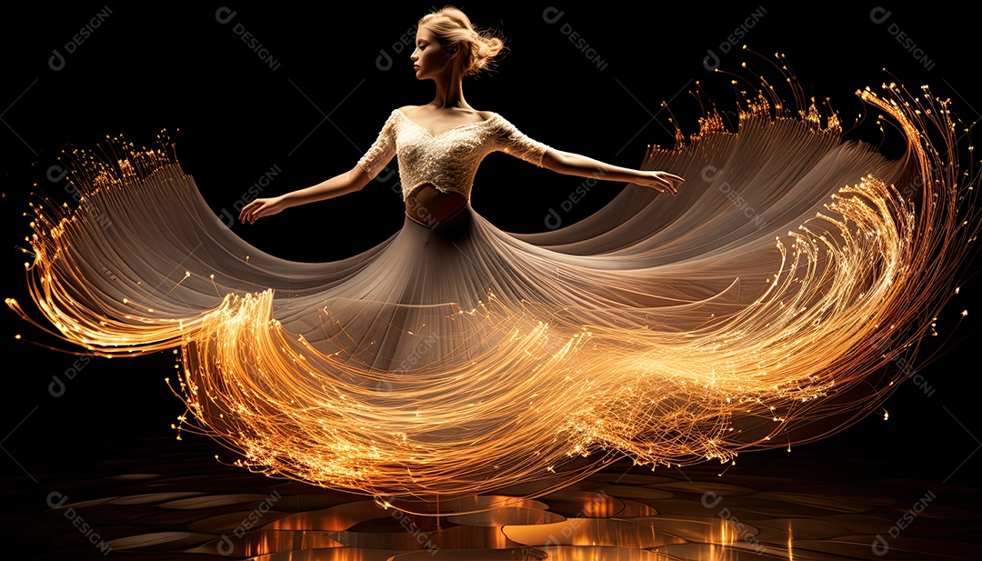 Bailarina em um vestido longo dança sobre um fundo cinza escuro e âmbar efeitos de cintilação