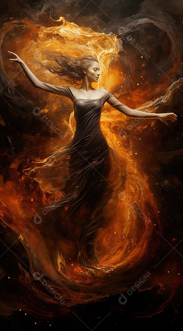 Bailarina em um vestido longo dança sobre um fundo cinza escuro e âmbar efeitos de cintilação