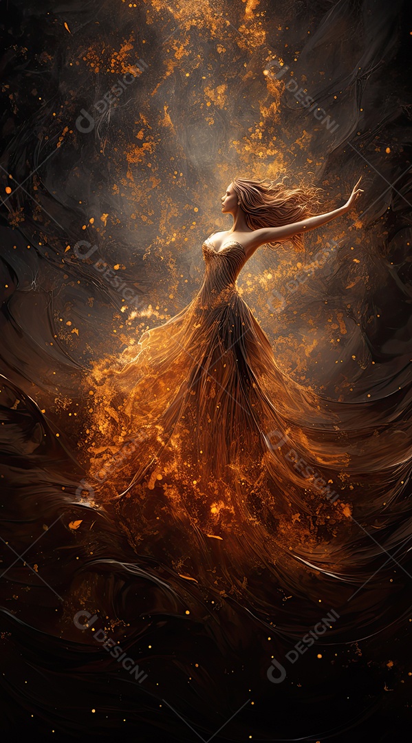 Bailarina em um vestido longo dança sobre um fundo cinza escuro e âmbar efeitos de cintilação