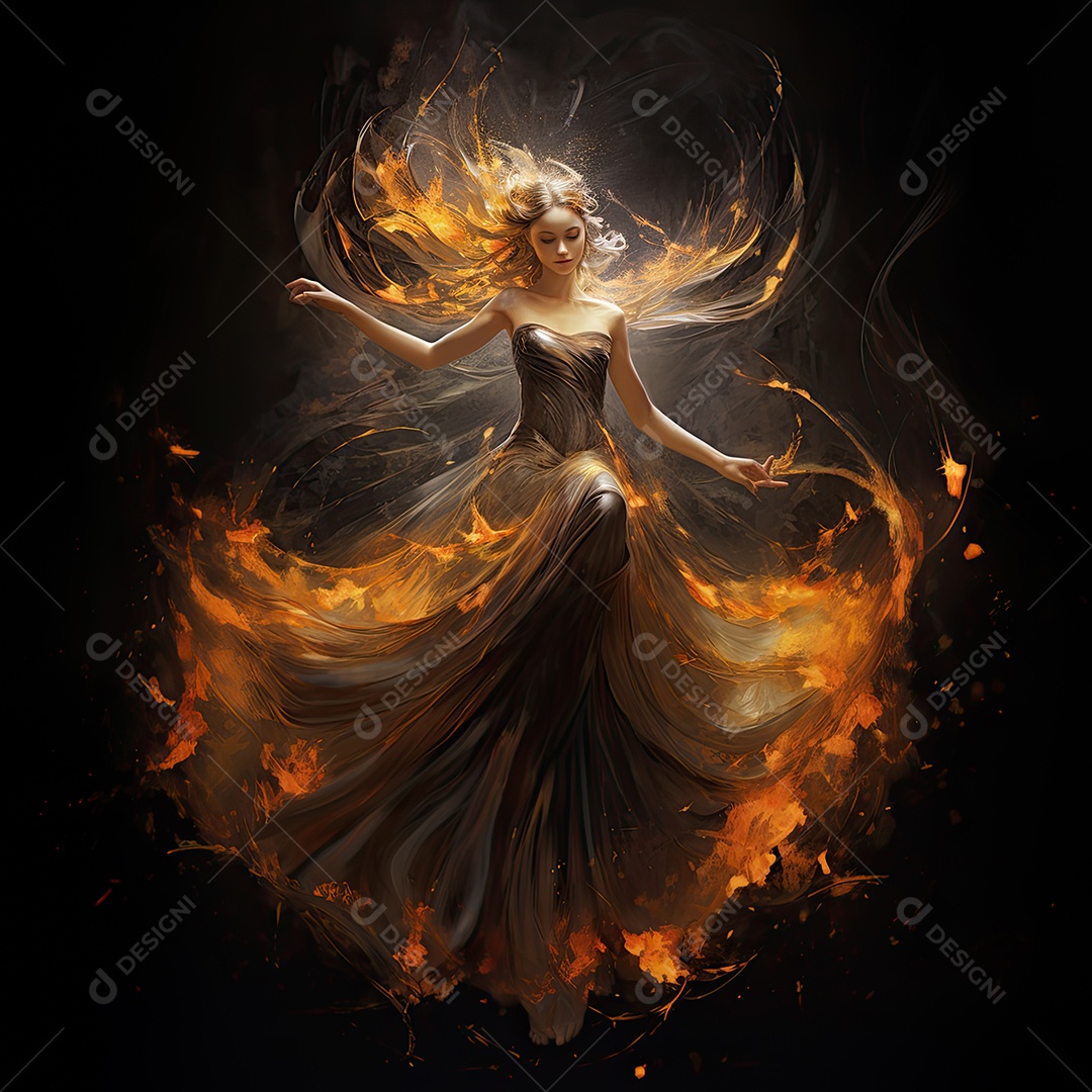 Bailarina em um vestido longo dança sobre um fundo cinza escuro e âmbar efeitos de cintilação