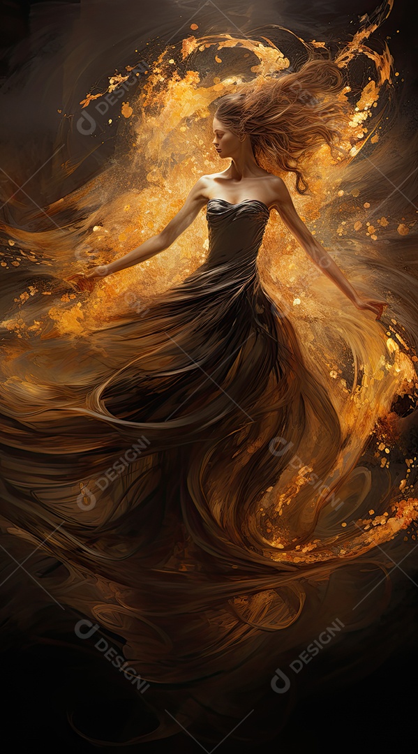 Bailarina em um vestido longo dança sobre um fundo cinza escuro e âmbar efeitos de cintilação