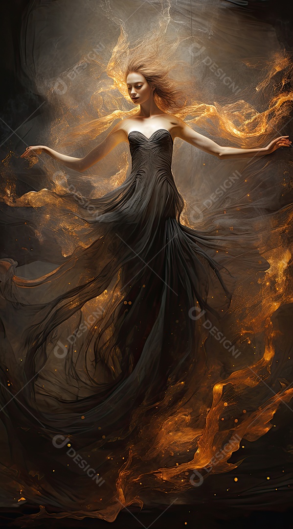 Bailarina em um vestido longo dança sobre um fundo cinza escuro e âmbar efeitos de cintilação
