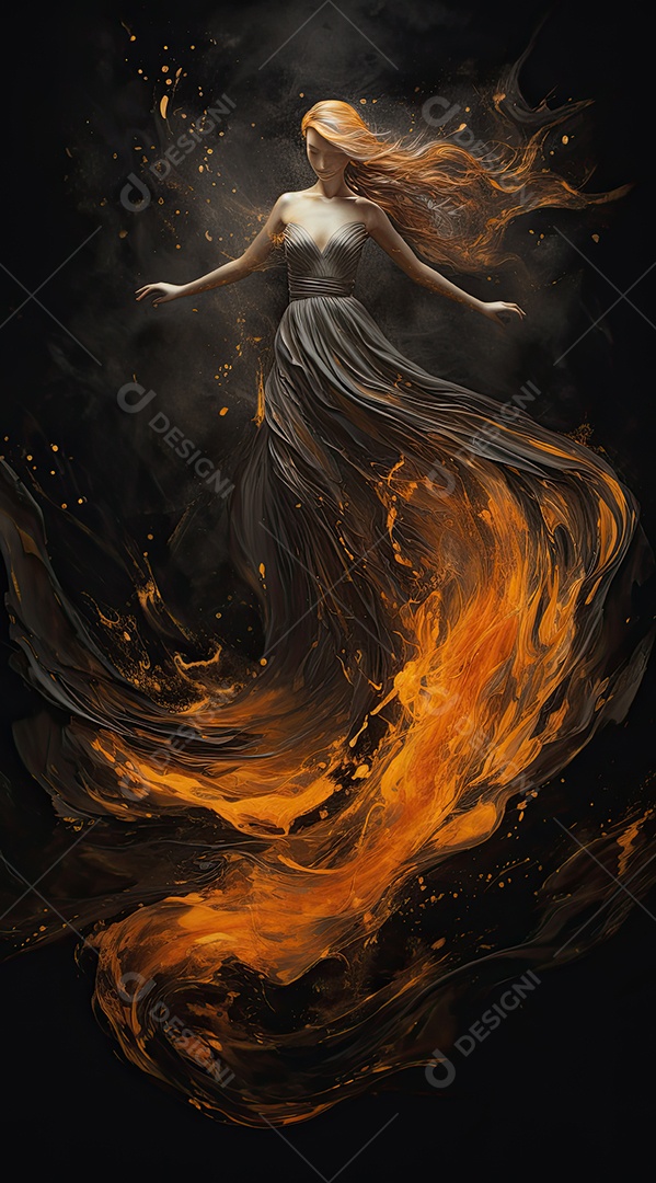 Bailarina em um vestido longo dança sobre um fundo cinza escuro e âmbar efeitos de cintilação