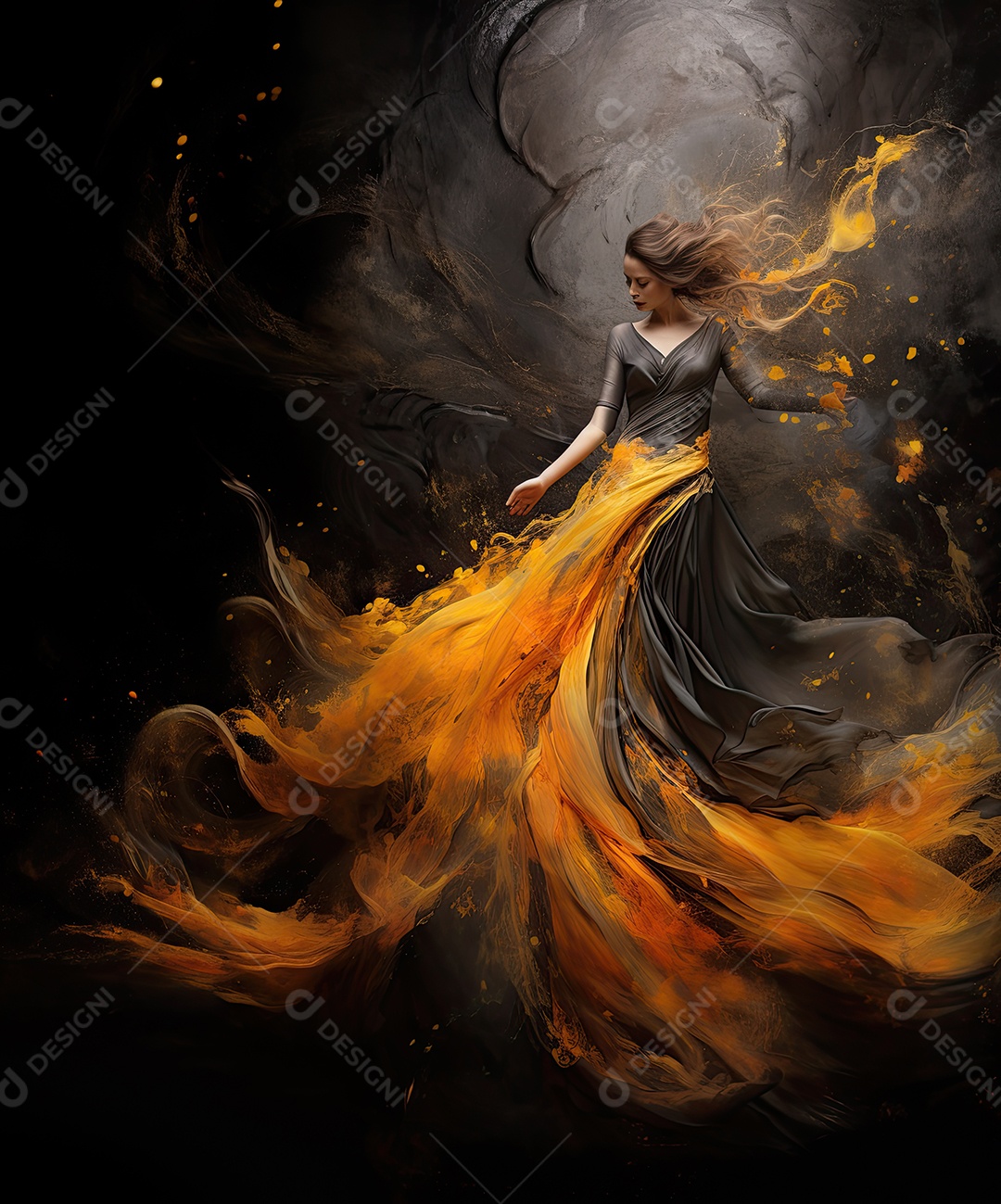 Bailarina em um vestido longo dança sobre um fundo cinza escuro e âmbar efeitos de cintilação