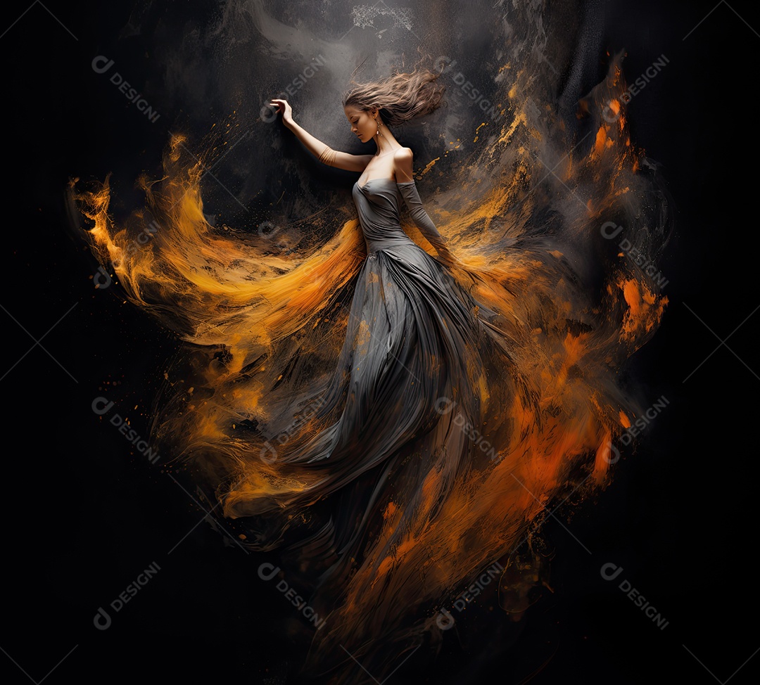Bailarina em um vestido longo dança sobre um fundo cinza escuro e âmbar efeitos de cintilação