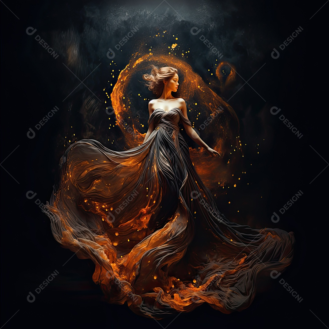 Bailarina em um vestido longo dança sobre um fundo cinza escuro e âmbar efeitos de cintilação