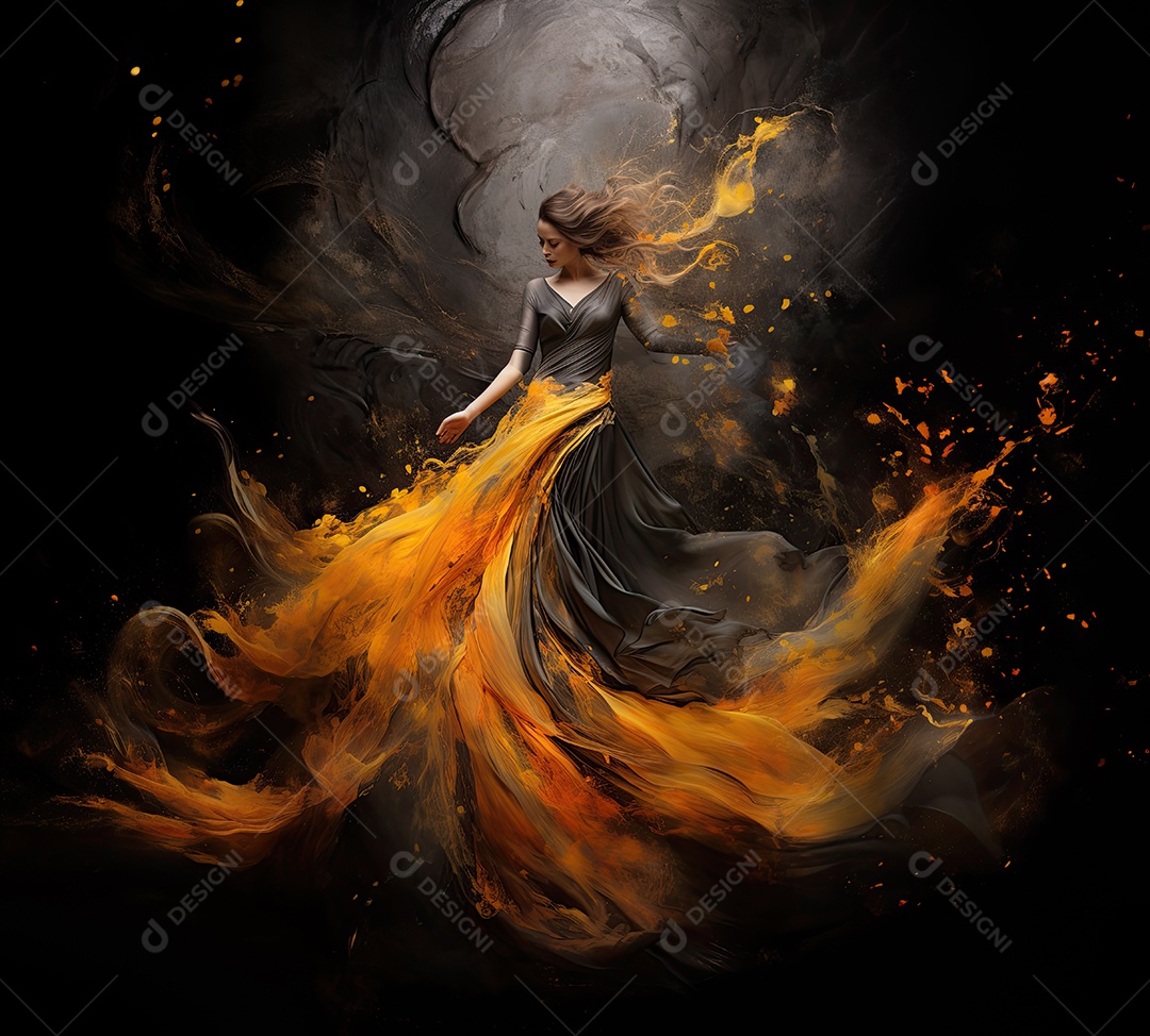 Bailarina em um vestido longo dança sobre um fundo cinza escuro e âmbar efeitos de cintilação