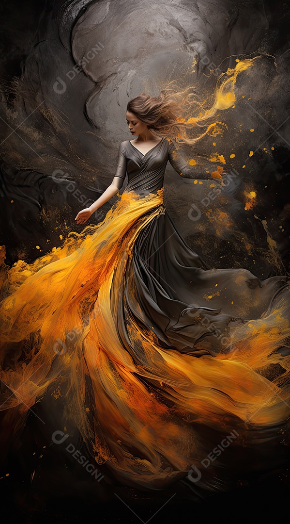 Bailarina em um vestido longo dança sobre um fundo cinza escuro e âmbar efeitos de cintilação