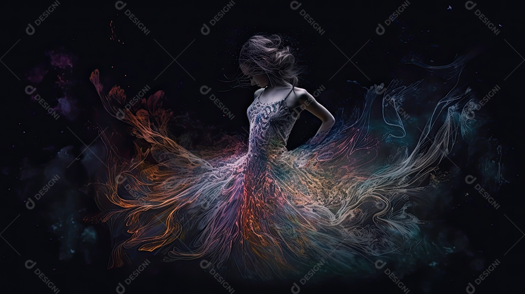 Bailarina em um vestido longo dança sobre um fundo cinza escuro e âmbar efeitos de cintilação