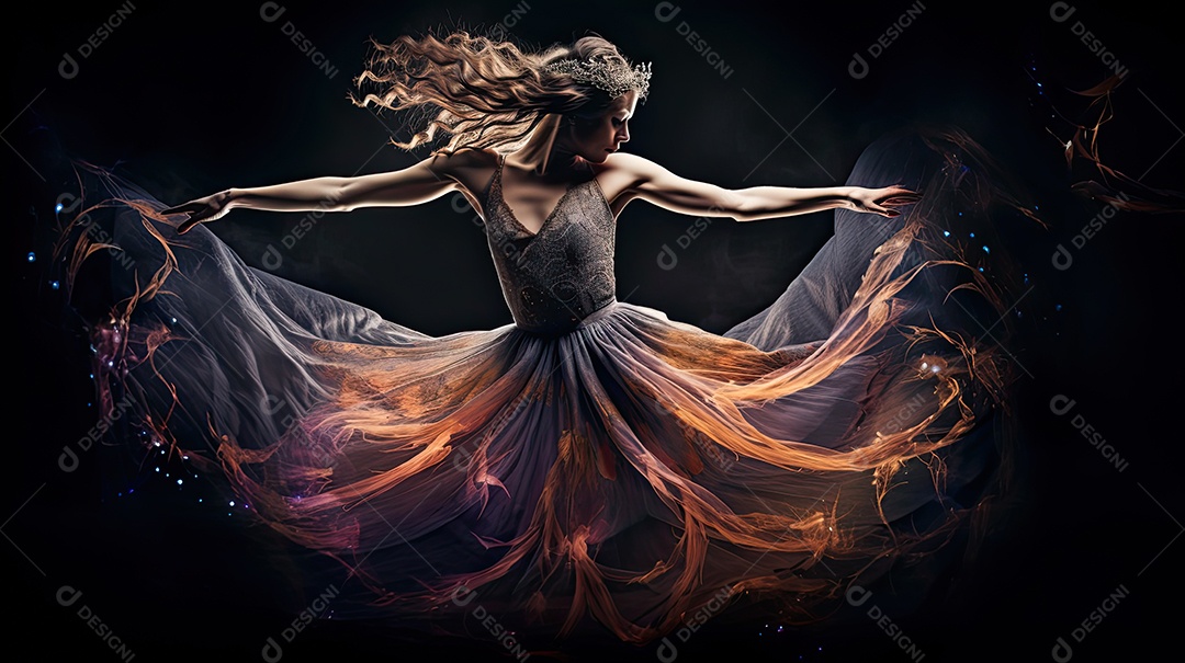 Bailarina em um vestido longo dança sobre um fundo cinza escuro e âmbar efeitos de cintilação