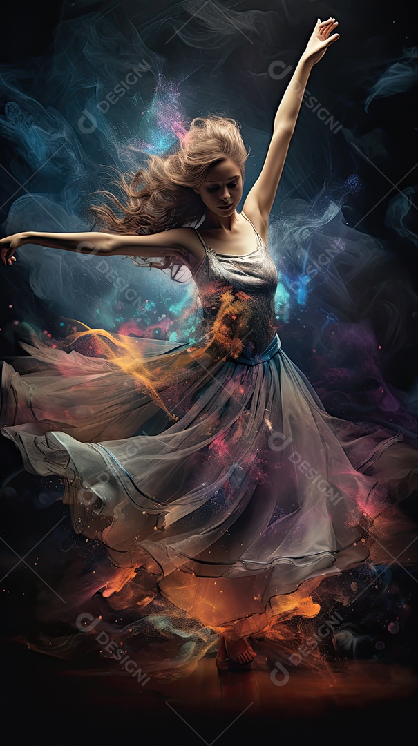 Bailarina em um vestido longo dança sobre um fundo cinza escuro e âmbar efeitos de cintilação