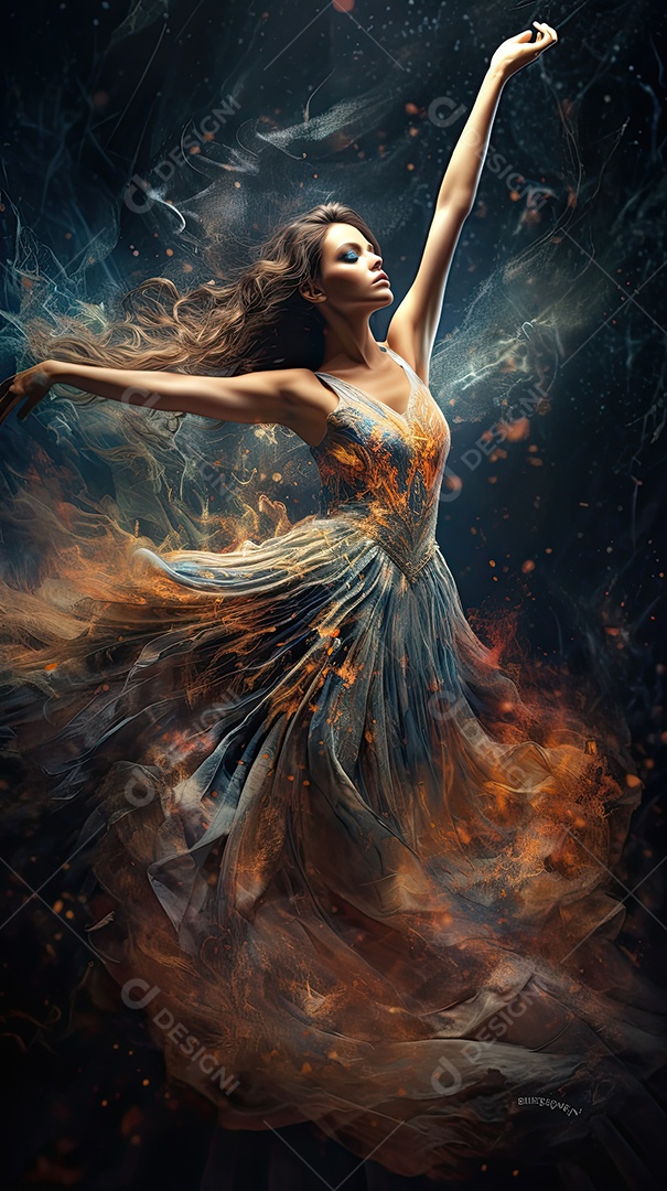 Bailarina em um vestido longo dança sobre um fundo cinza escuro e âmbar efeitos de cintilação