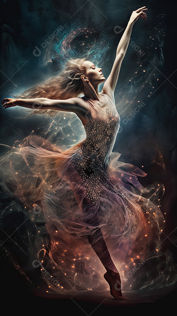 Bailarina em um vestido longo dança sobre um fundo cinza escuro e âmbar efeitos de cintilação