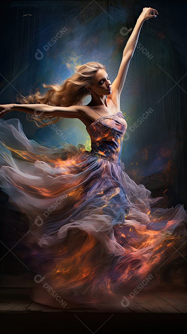 Bailarina em um vestido longo dança sobre um fundo cinza escuro e âmbar efeitos de cintilação