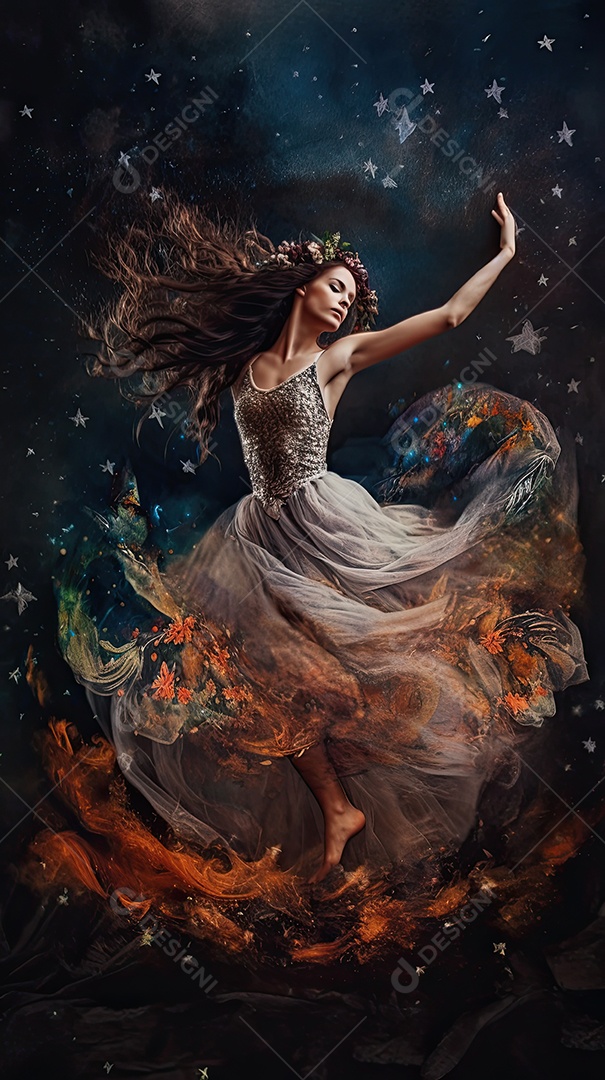 Bailarina em um vestido longo dança sobre um fundo cinza escuro e âmbar efeitos de cintilação