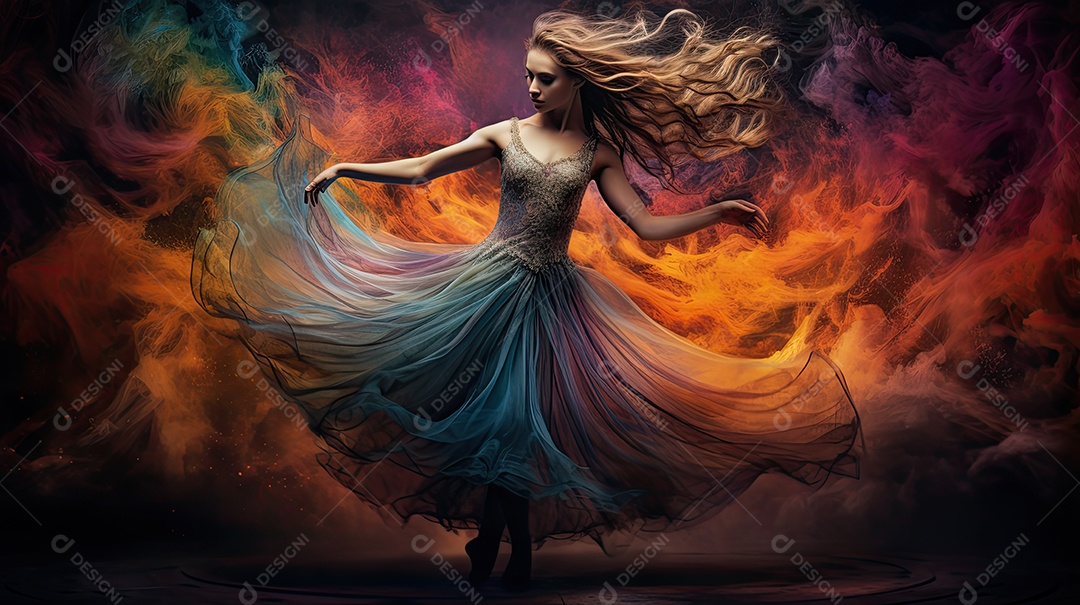 Bailarina em um vestido longo dança sobre um fundo cinza escuro e âmbar efeitos de cintilação