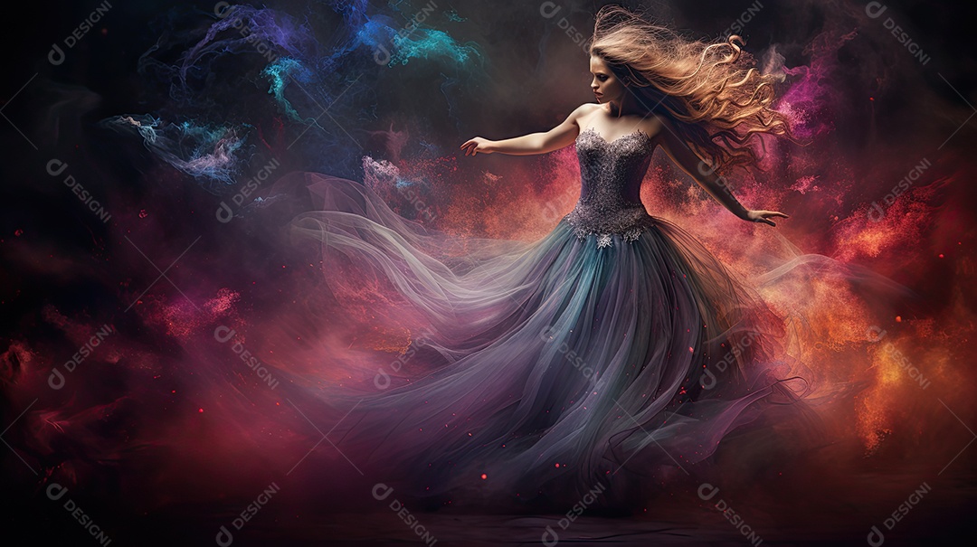 Bailarina em um vestido longo dança sobre um fundo cinza escuro e âmbar efeitos de cintilação