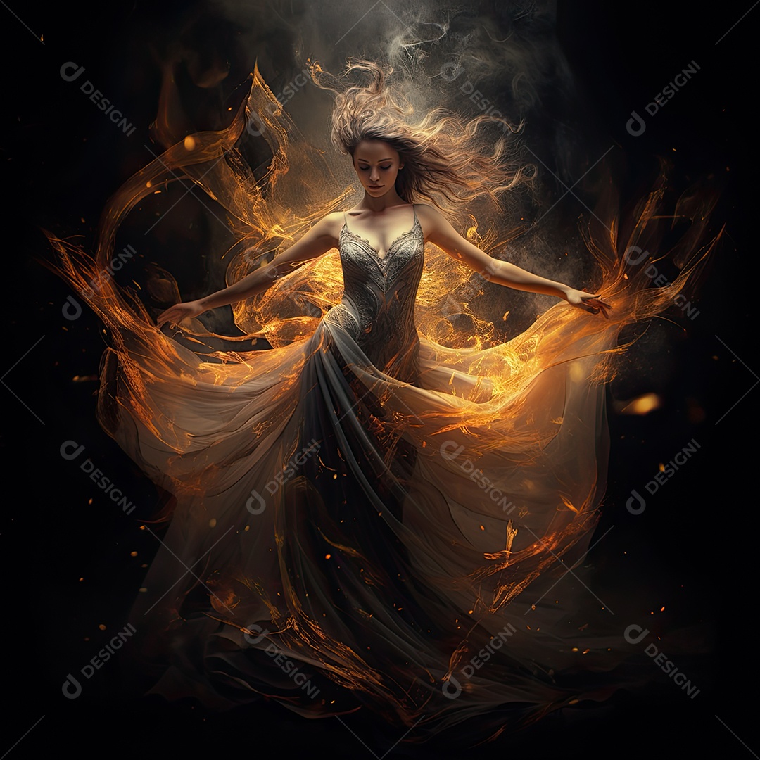 Bailarina em um vestido longo dança sobre um fundo cinza escuro e âmbar efeitos de cintilação