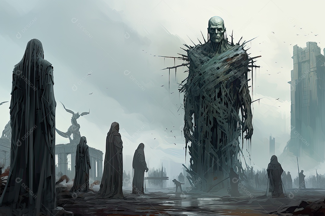 Pintura ilustrativa de paisagem de arte fantástica com estátua gigante