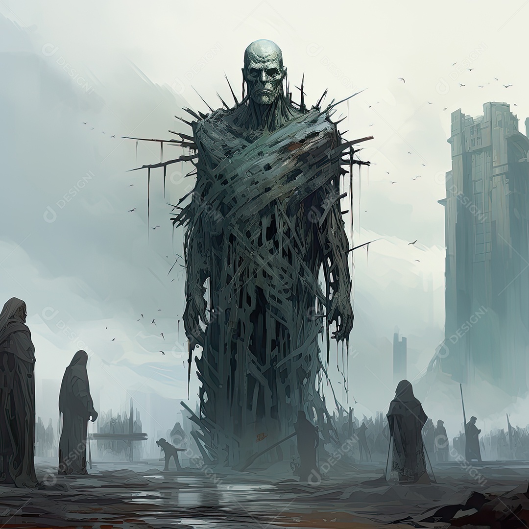 Pintura ilustrativa de paisagem de arte fantástica com estátua gigante